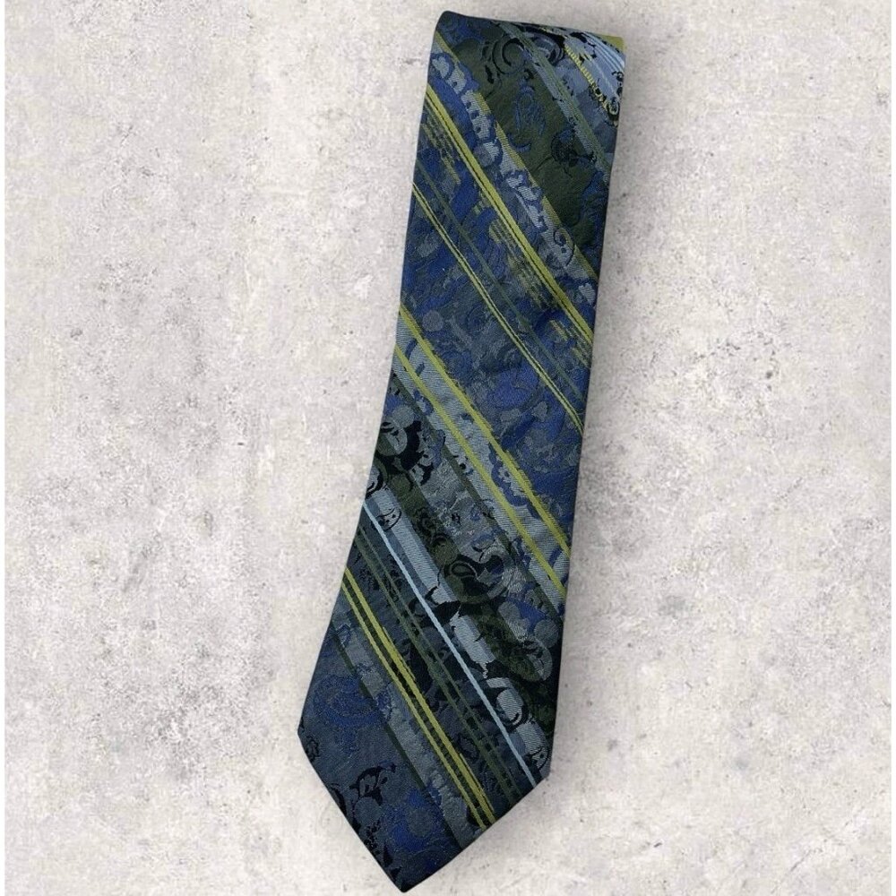 ROBERT GRAHAM Silk Tie USA XL Blue Gray Green Striped Floral W:3.5" EUC
